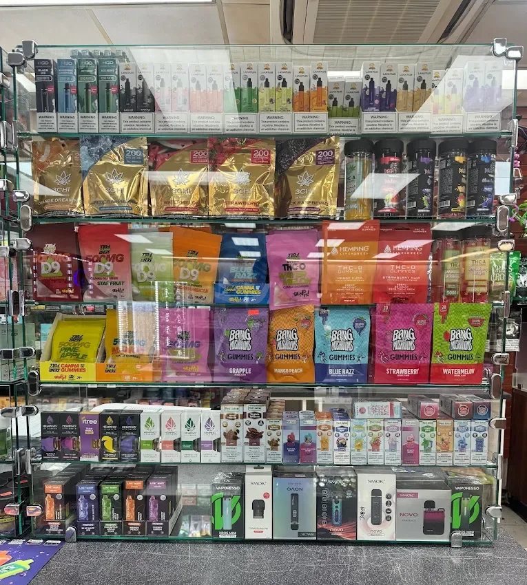 CBD, Delta and THCA product display inside Eagle Smoke & Convenience Shop